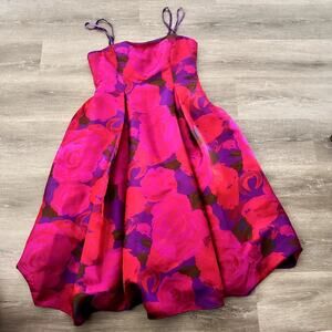 Striking Brocade Adrianna Papell Dress Gown Red Pink Roses Purple Plus Size 14
